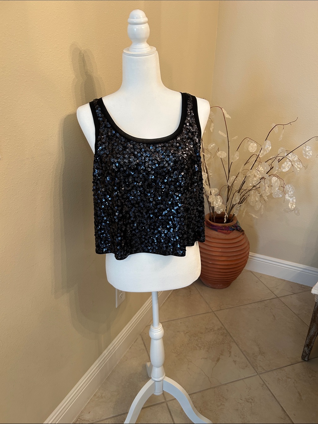 Express Black Sequin Crop Tank Top - Women